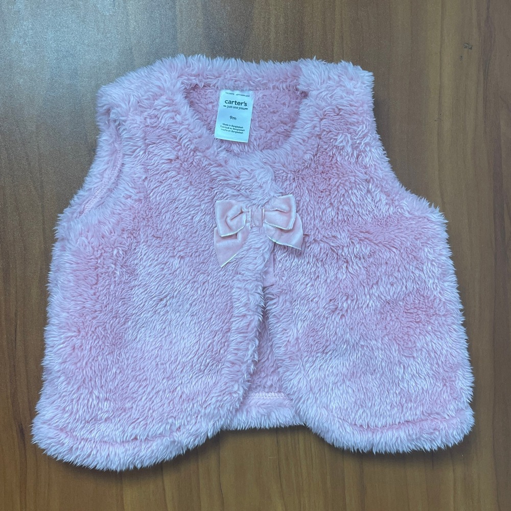 Carters Just One You Baby Girls Pink Winter Fall Faux Fur Fuzzy Bow Vest 9M